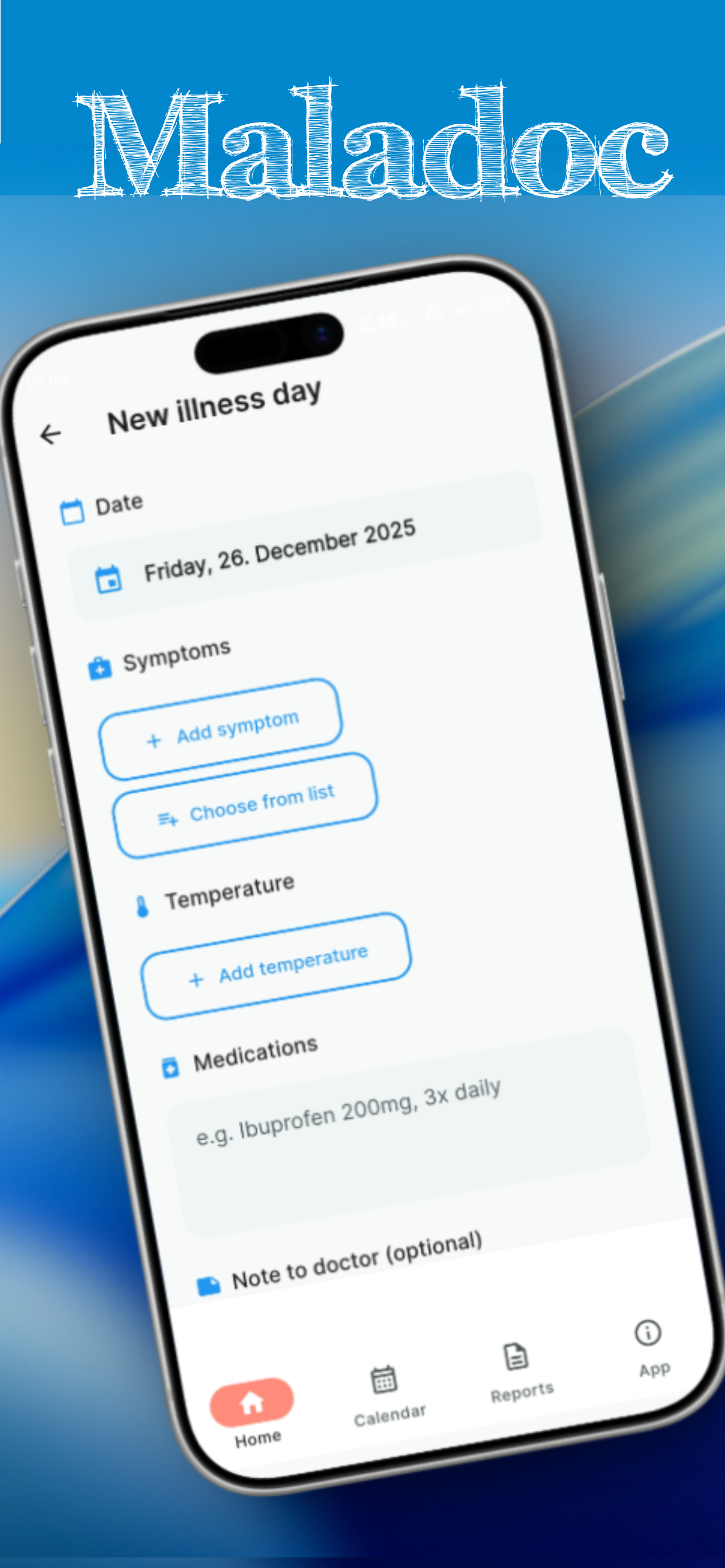 Maladoc new illness day entry with symptoms, temperature, and medication tracking